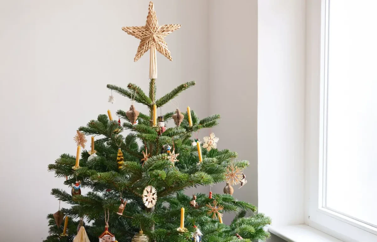 Sapin de Noël naturel décoré avec des ornements écologiques en bois et en paille, surmonté d'une étoile artisanale dans une pièce lumineuse.