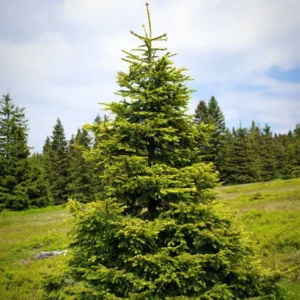 Sapin Épicéa majestueux dans un champ verdoyant, entouré de nature sous un ciel bleu avec des nuages blancs.